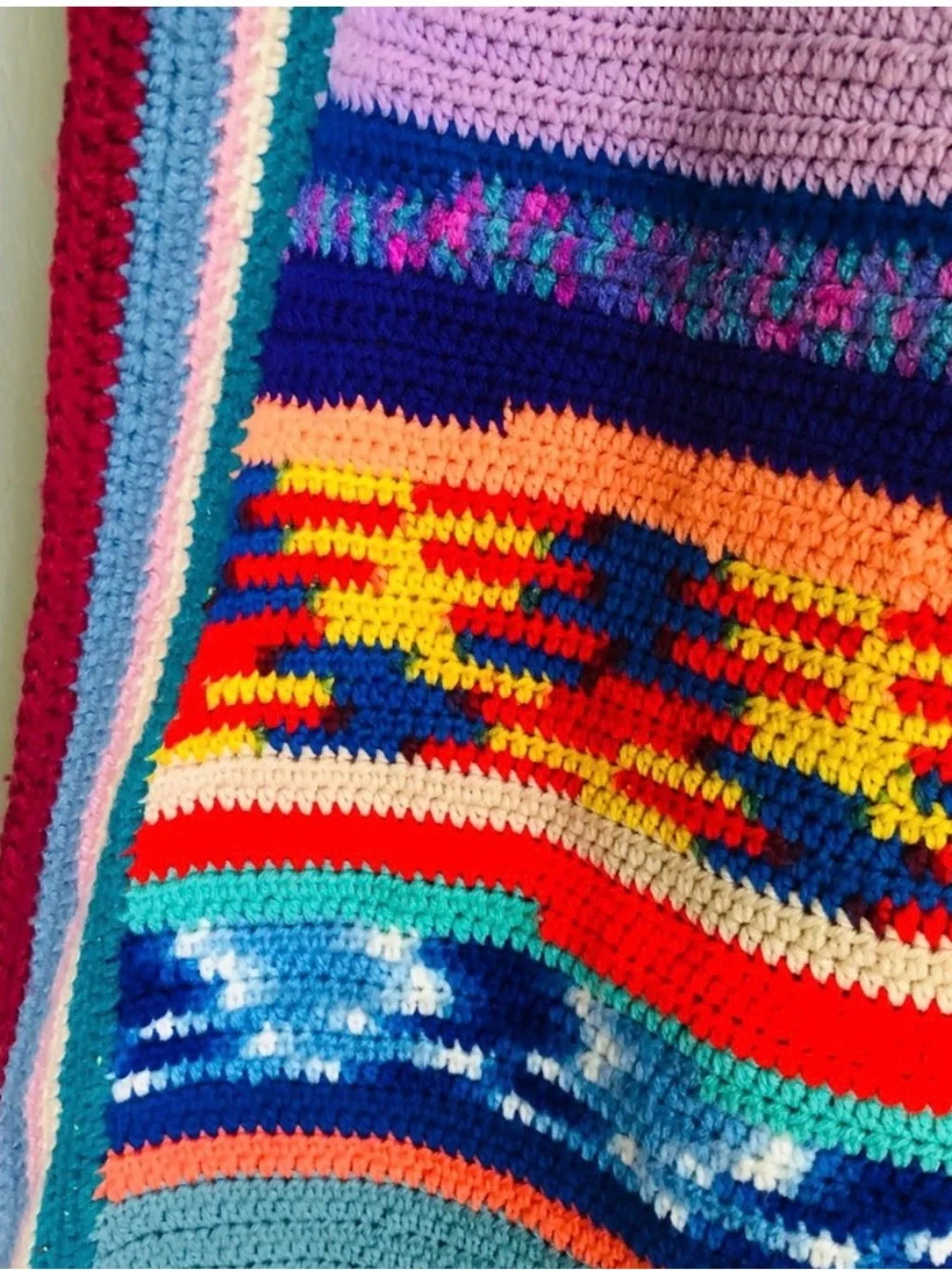 Vintage Boho Hippie Handmade Colorful Crochet Afghan Throw Blanket